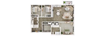 A top-down view of a house layout with multiple rooms and furniture.